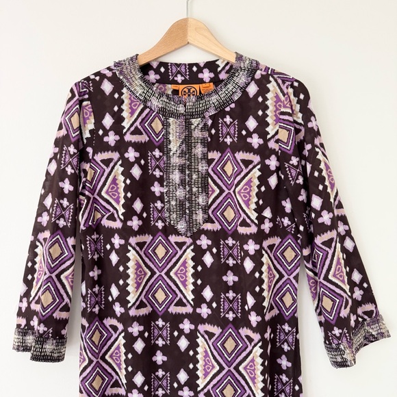 Tory Burch Purple & Brown Beaded Abstract Ikat Midi Kaftan Tunic, Size 6, EUC - Picture 2 of 12
